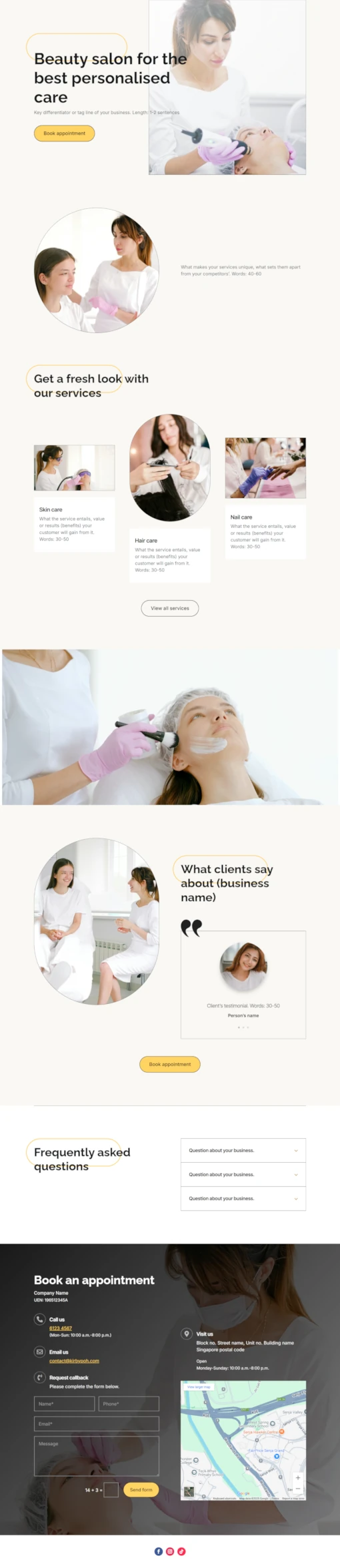 Screenshot of Beauty Salon 01 website home page designed by Kirby Poh