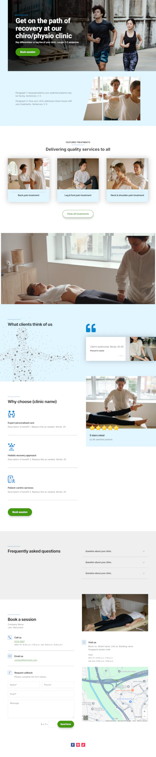 Screenshot of Chiro/Physio Clinic 01 website home page designed by Kirby Poh
