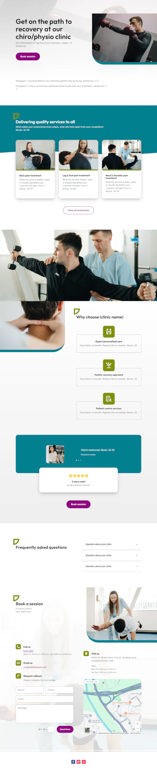 Screenshot of Chiro/Physio Clinic 02 website home page designed by Kirby Poh