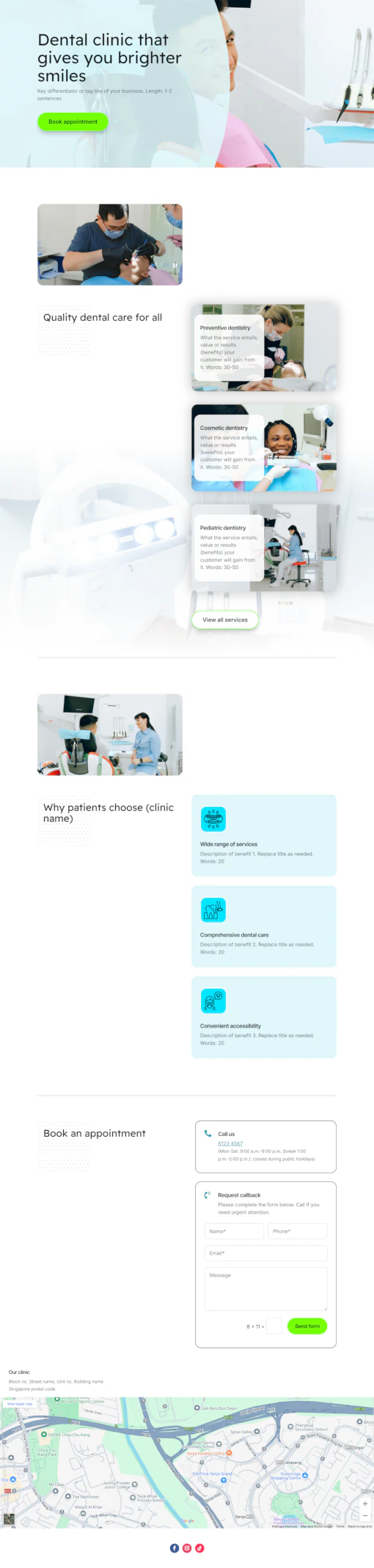 Screenshot of Dental Clinic 01 website home page designed by Kirby Poh