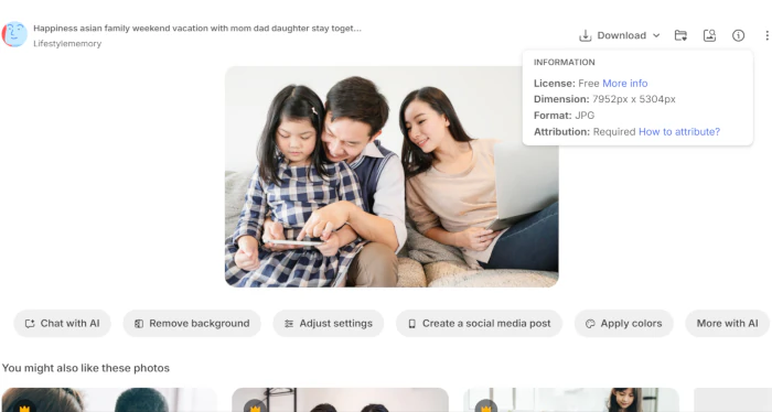 Screenshot of Freepik website with image licence information shown