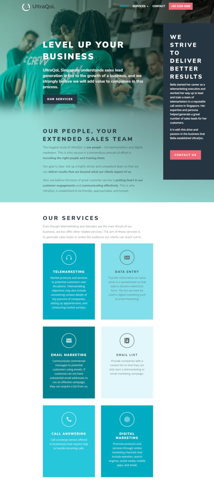 Screen shot of website of Kirby Poh's telemarketing client