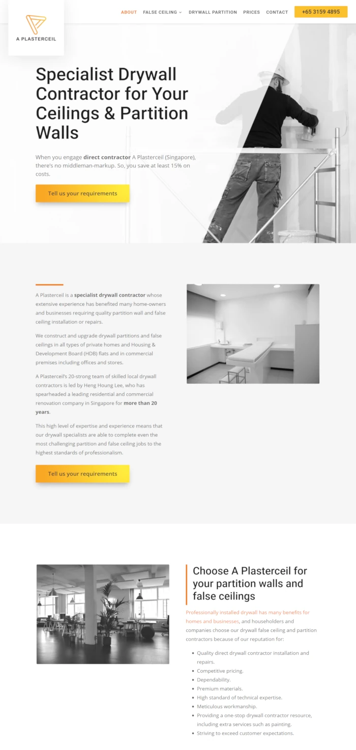 Screen shot of website of Kirby Poh's ceiling and partition contractor client