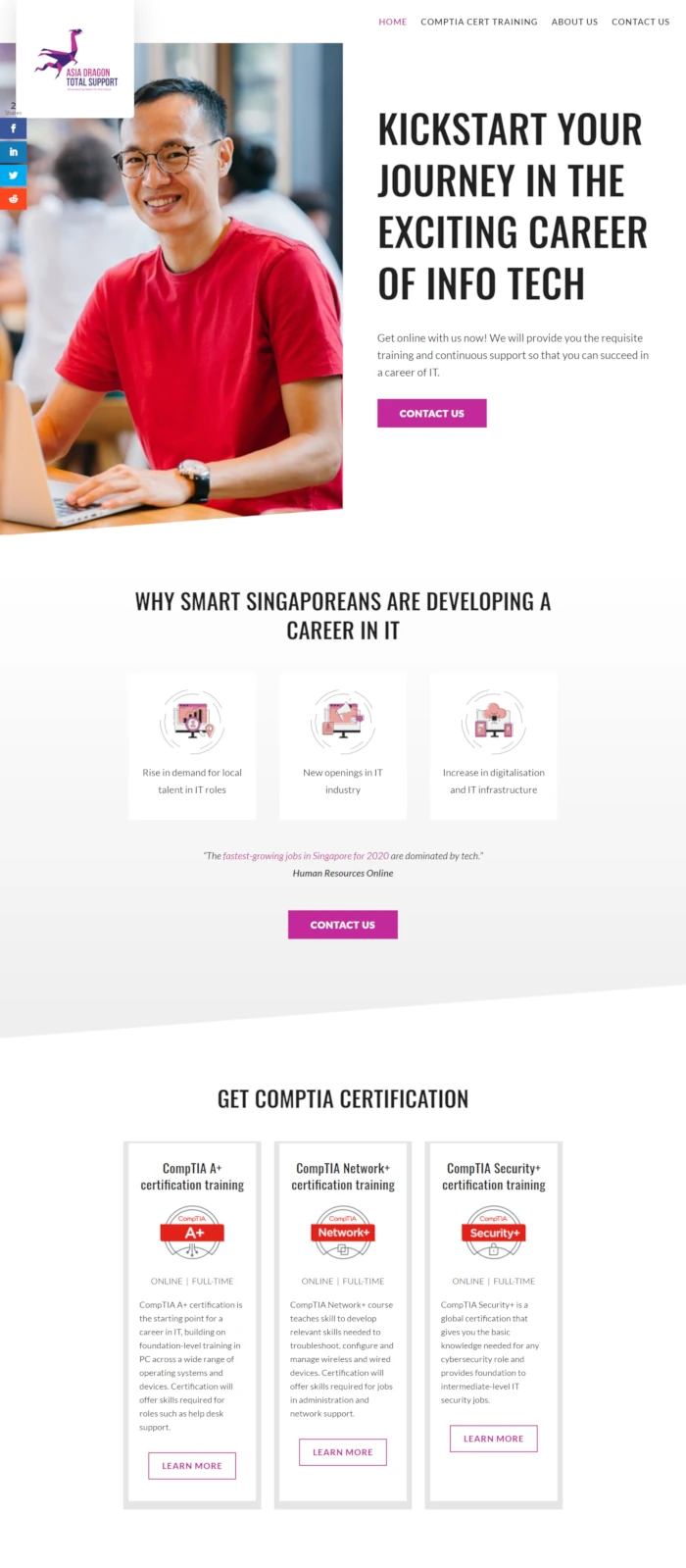 Screen shot of website of Kirby Poh's training services client