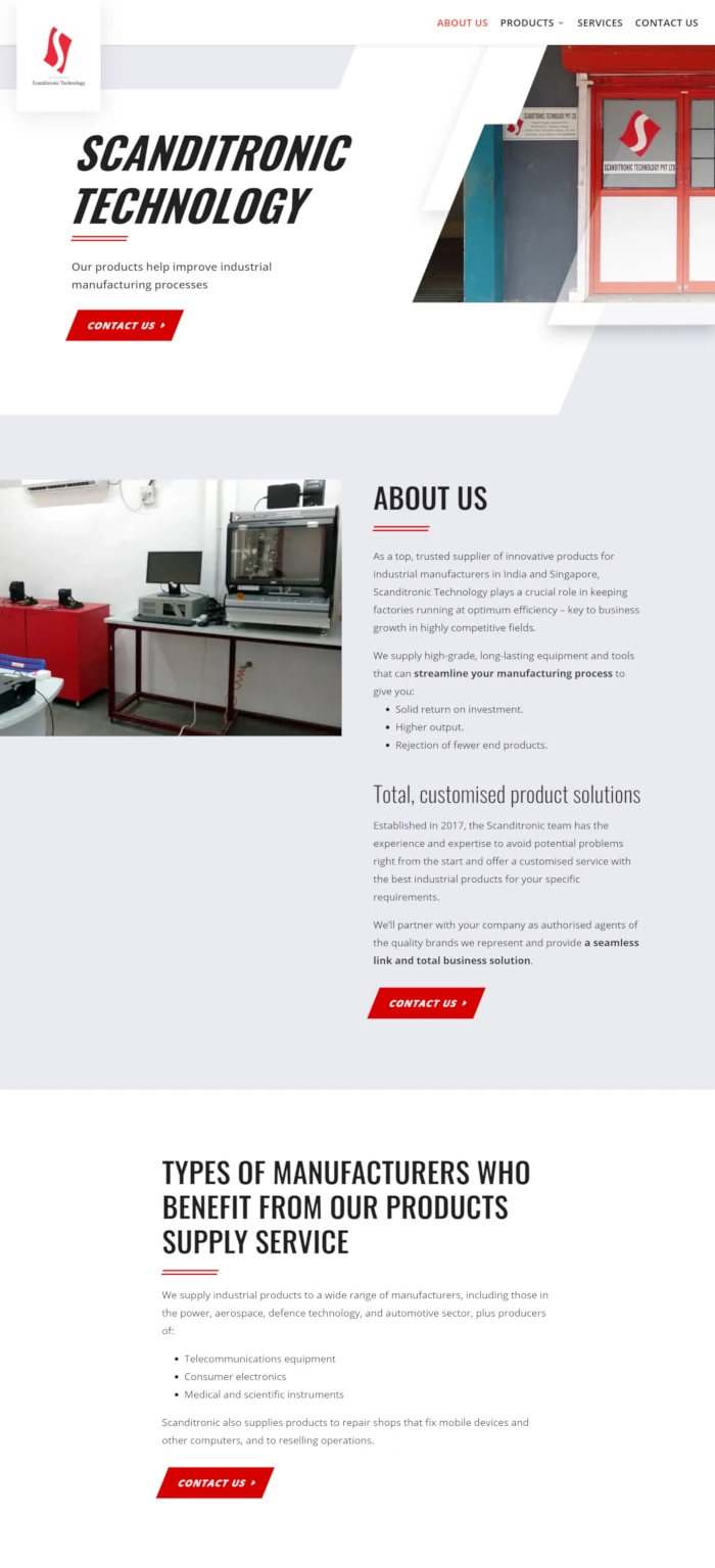 Screen shot of website of Kirby Poh's industrial equipment distribution client