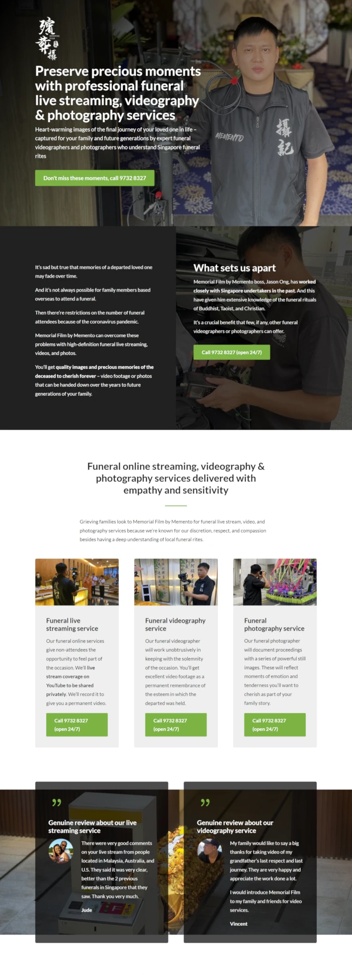 Screen shot of website of Kirby Poh's photography and videography services client