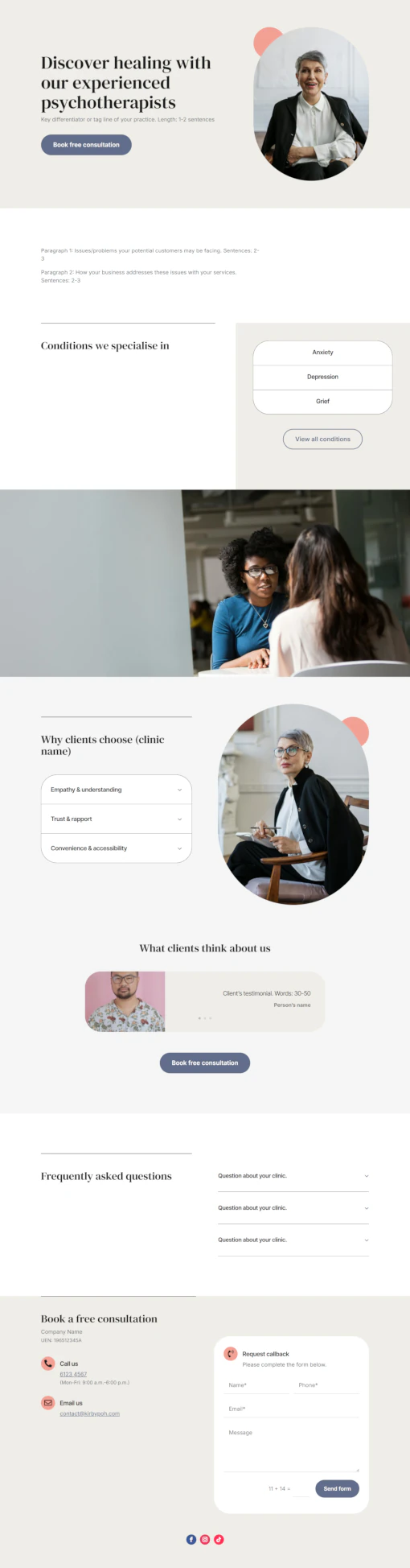 Screenshot of Mental Health Clinic 01 website home page designed by Kirby Poh