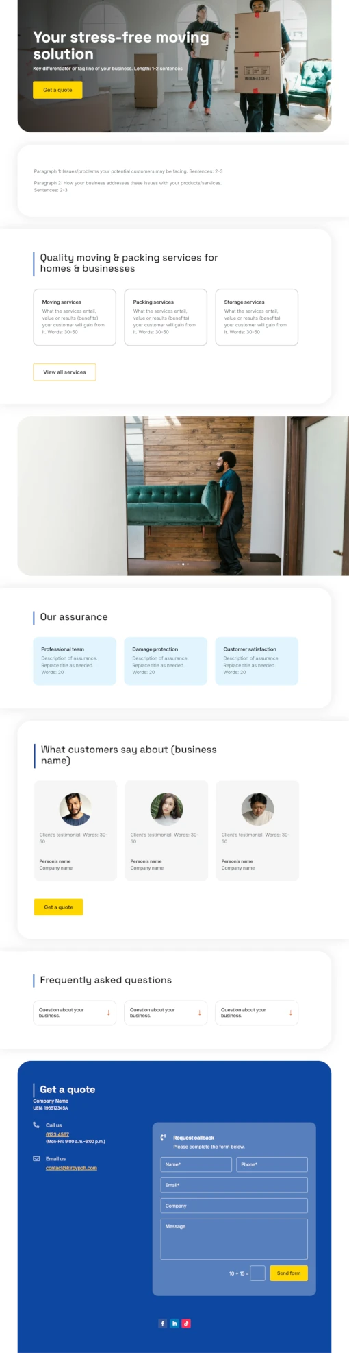 Screenshot of Moving Company 01 website home page designed by Kirby Poh