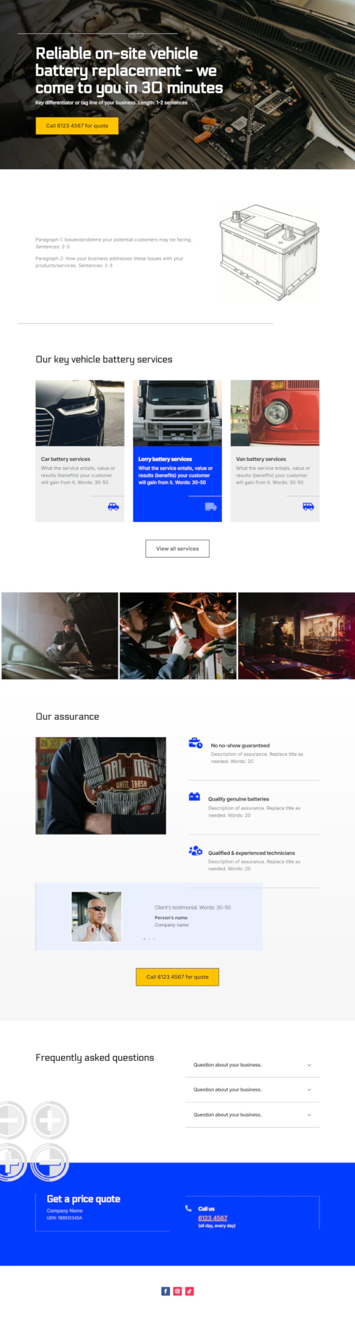 Screenshot of On-site Car Battery Services 01 website home page designed by Kirby Poh
