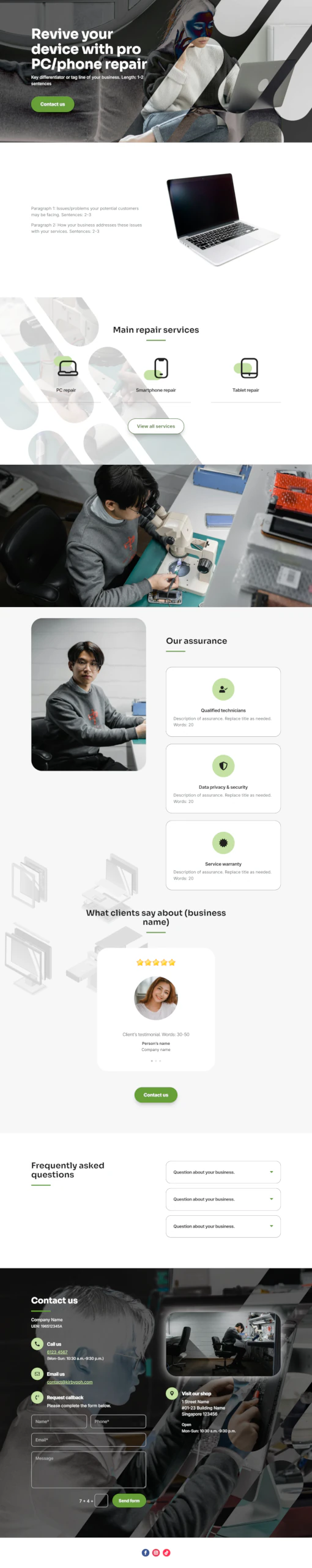 Screenshot of PC/Phone Repair 01 website home page designed by Kirby Poh