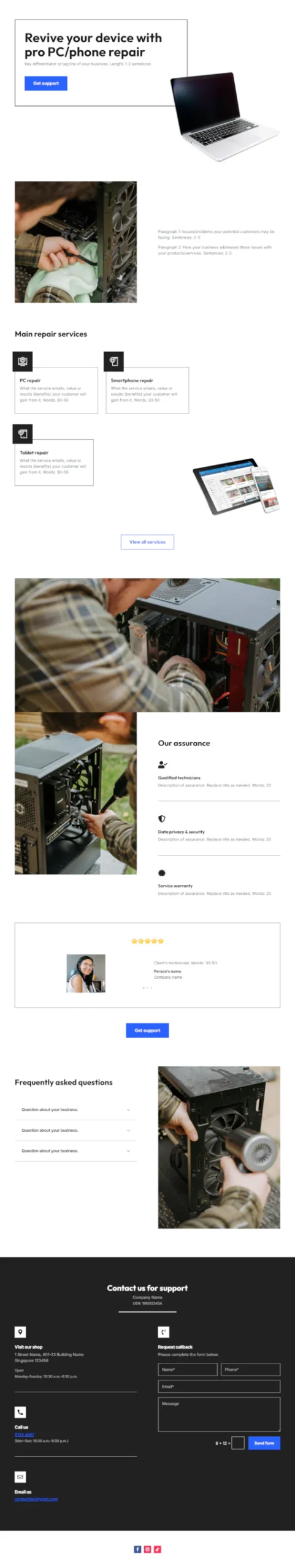 Screenshot of PC/Phone Repair 02 website home page designed by Kirby Poh