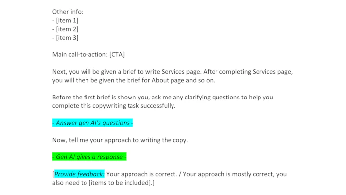 Screenshot of website copywriting prompt template created by Kirby Poh