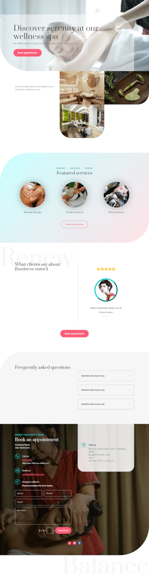 Screenshot of Wellness Spa 01 website home page designed by Kirby Poh