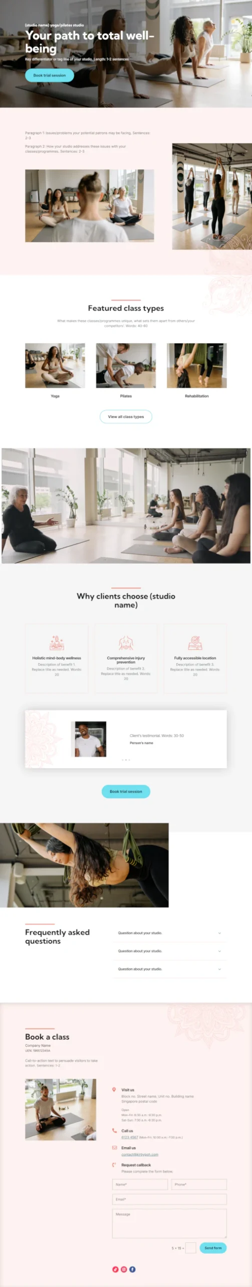 Screenshot of Yoga/Pilates Studio 01 website home page designed by Kirby Poh